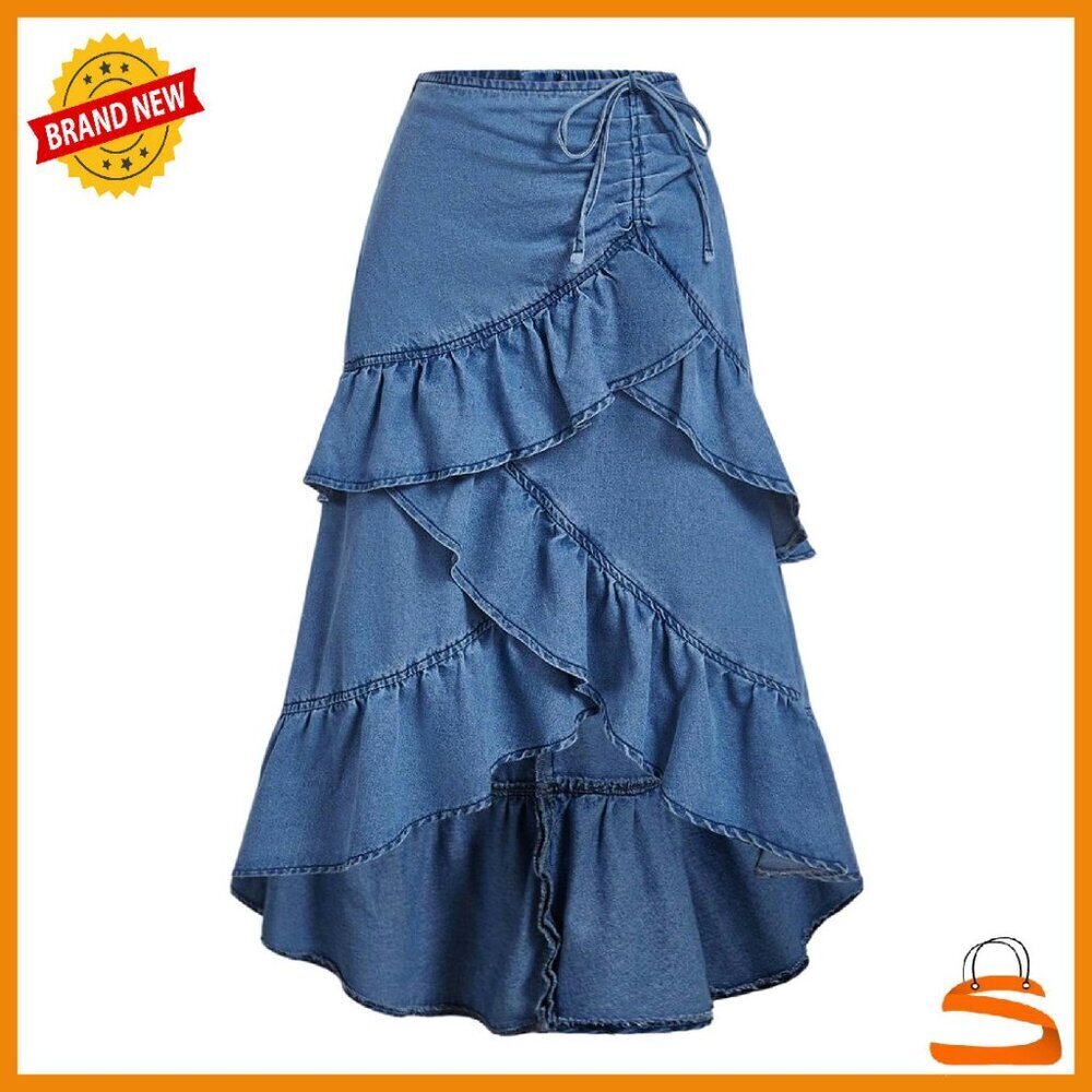 Asymmetrical Denim Maxi Skirt High Waisted Tiered Ruffle Boho Western